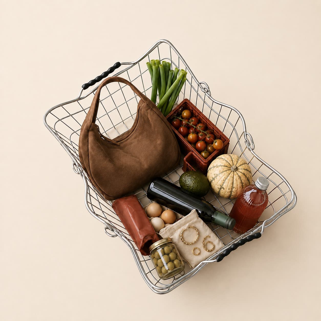 Wire grocery basket filled with a handbag, jewellery and produce