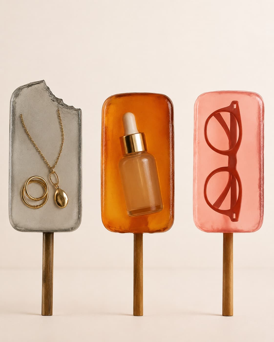 Necklace, rings, a dropper bottle and sunglasses set on ice-lolly plinths